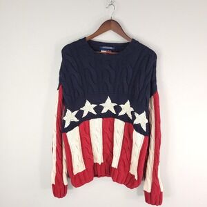 Tommy Hilfiger Sweater Mens Large Red White Blue Flag Stars Stripes Cable Knit